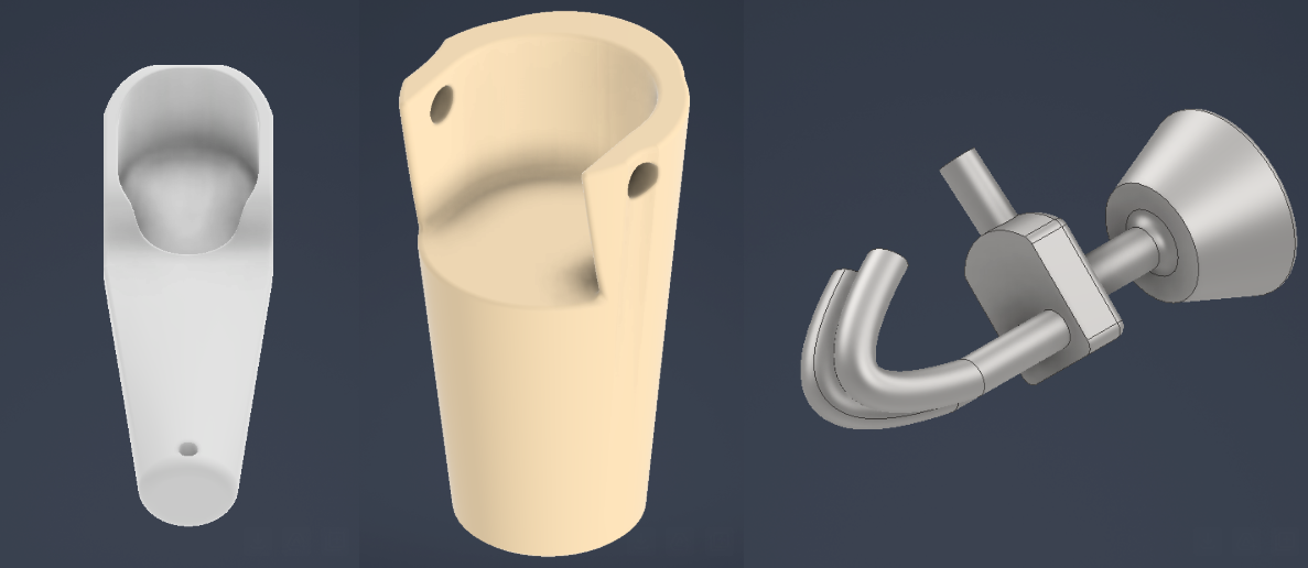 Three CAD components rendered against a dark background — a white upper-arm section with a shaped cup, a beige tapered forearm section with two pin holes, and a grey hook terminal device on a short post with a cable stud.