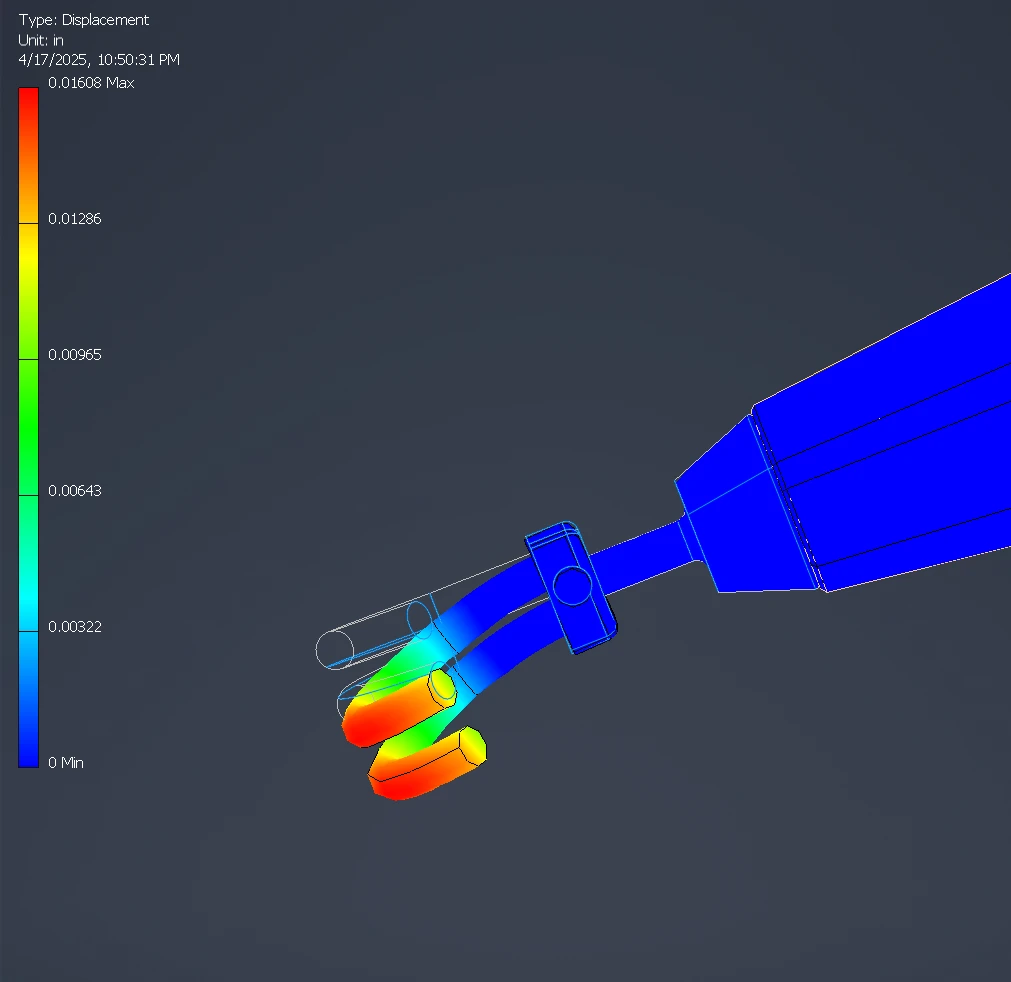 Displacement plot of the hook and forearm end in Autodesk Inventor. The forearm is blue, near zero, while the hook tips shade through green to red. The scale runs from 0 to 0.01608 inches.